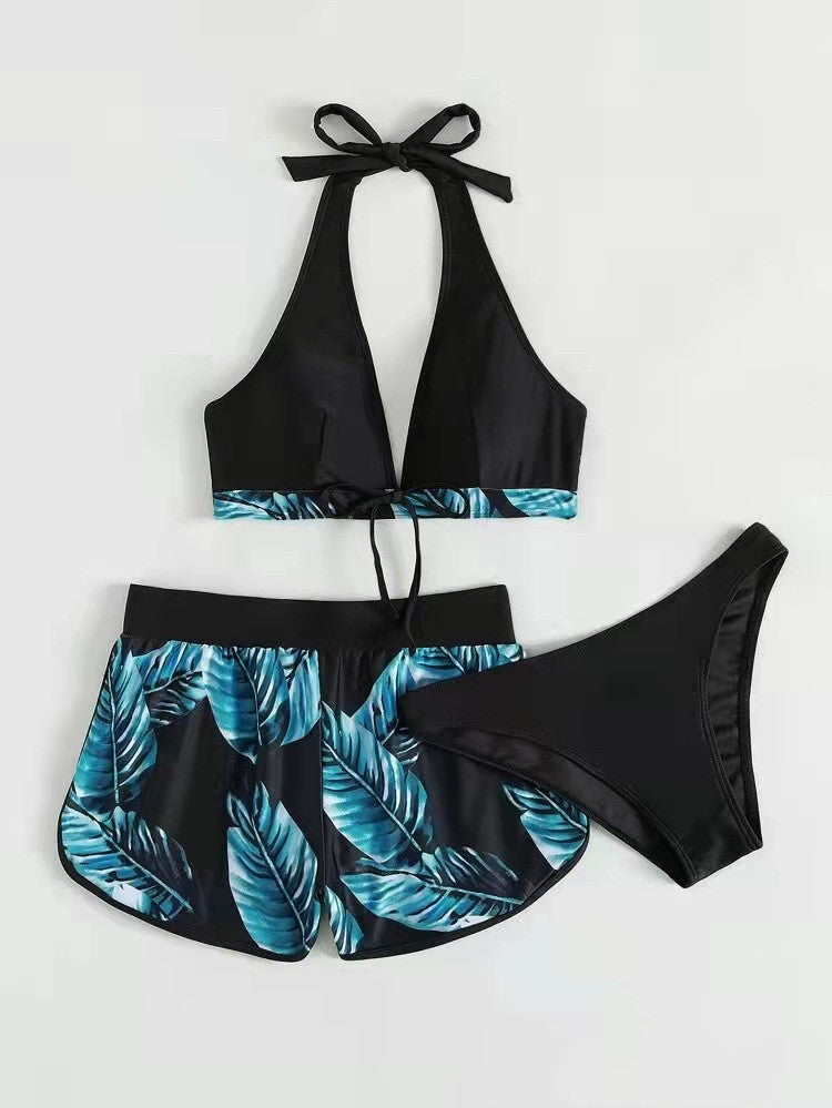 3pcs Leaf Print Bikini With Shorts