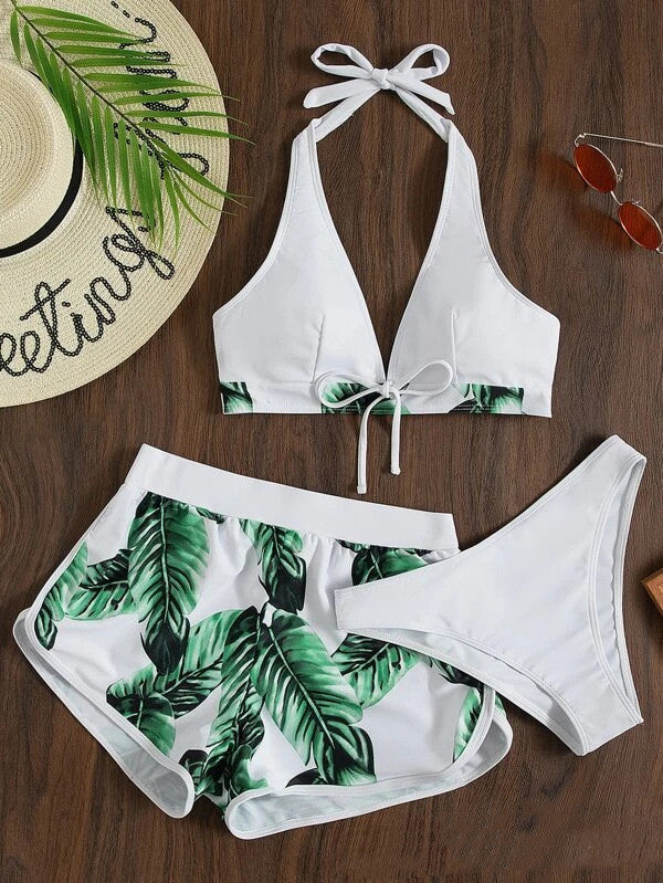 3pcs Leaf Print Bikini With Shorts