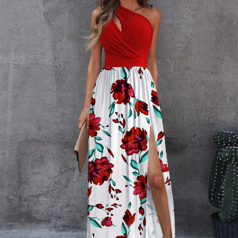 Rose Print Split Dress Summer Fashion One-shoulder Long Dress Womens Clothing