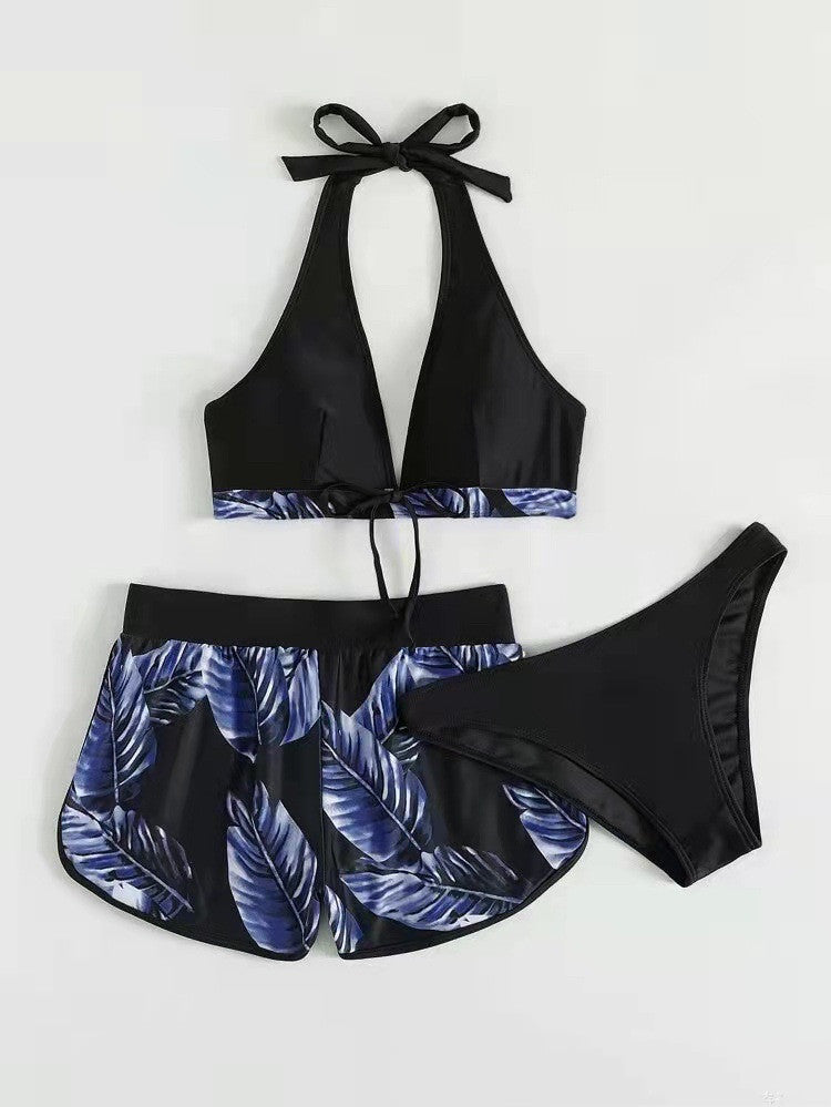 3pcs Leaf Print Bikini With Shorts