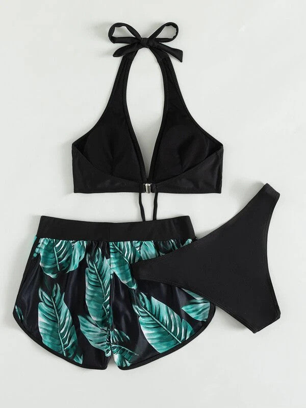 3pcs Leaf Print Bikini With Shorts