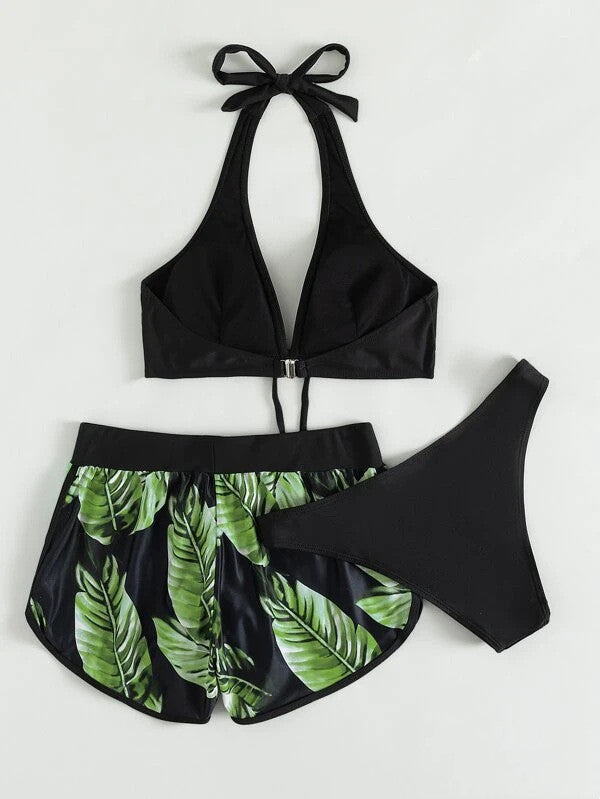 3pcs Leaf Print Bikini With Shorts