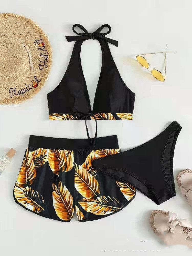 3pcs Leaf Print Bikini With Shorts