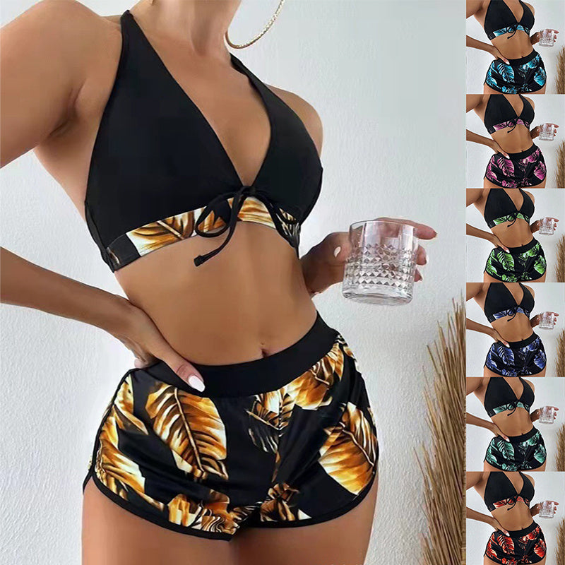 3pcs Leaf Print Bikini With Shorts